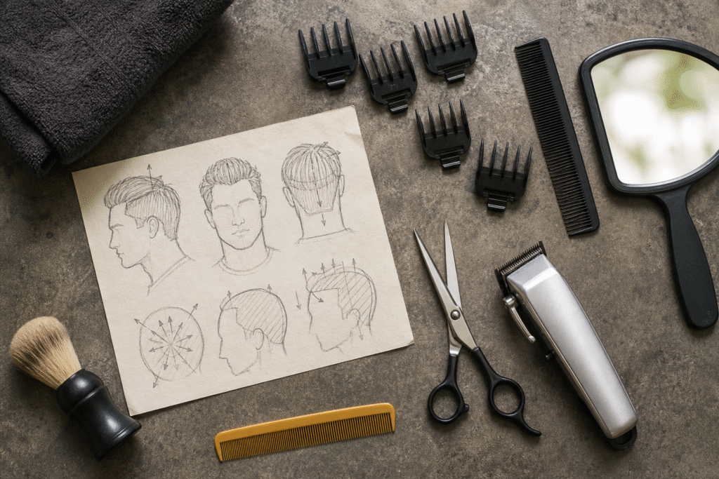 Barber tools, clipper guards and haircut sketches arranged on a worktop.