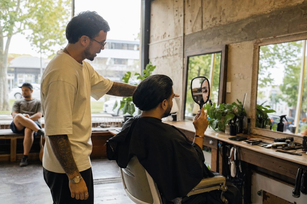 A barber and client discussing a haircut with a hand mirror.