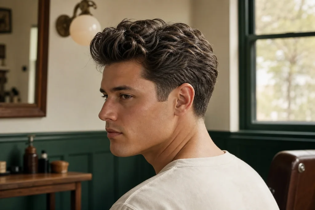 Illustrative three-quarter reference showing textured volume and a blowout taper