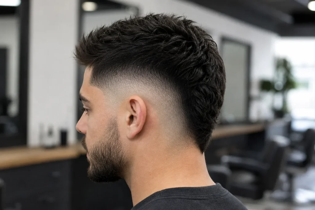 Side reference showing a rounded burst fade around the ear with length behind it
