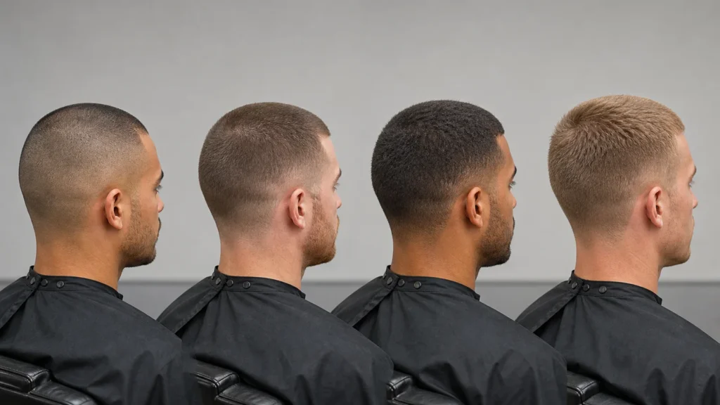 Four buzz cut guard lengths shown from shortest to longest