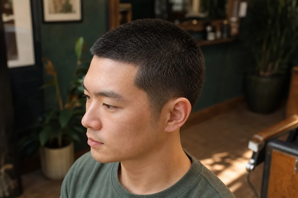 Illustrative three-quarter reference showing an even buzz cut with softly tapered edges