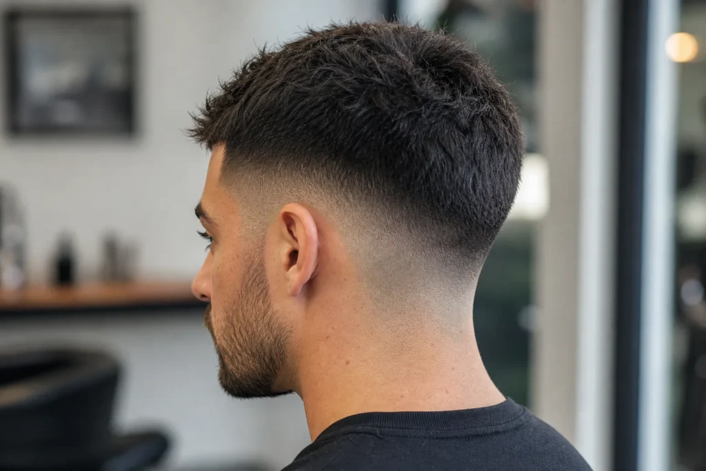 Rear three-quarter reference showing a fade that curves down behind the ear