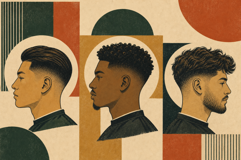 Editorial illustration comparing three haircut silhouettes and textures.