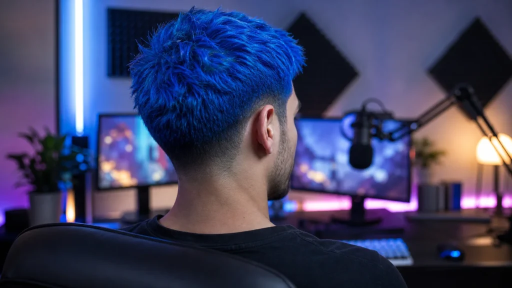 Blue textured haircut with a low taper in a streaming studio