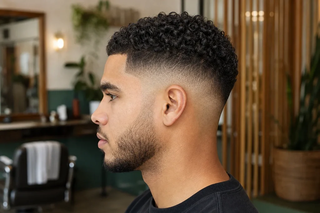 Illustrative side-profile reference showing a skin fade blended into short curls
